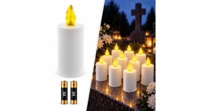 Temetői LED Gyertya, Lánghatás, 2×AA Elemmel, Hosszú Idejű Világítás, sárga láng