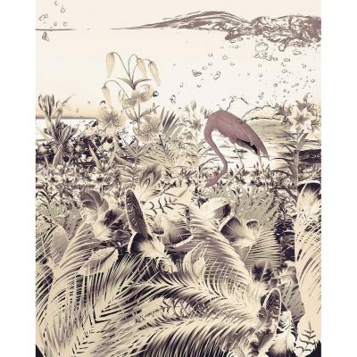 Trópusi növényvilágot és flamingót ábrázoló tapéta, 200x250 cm, szépia  - FLAMAND - Butopêa