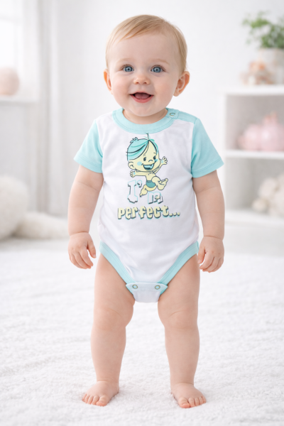 Baba body, rövid ujjú-PERFECT, zöld és fehér Méret: 80 (9-12hó)