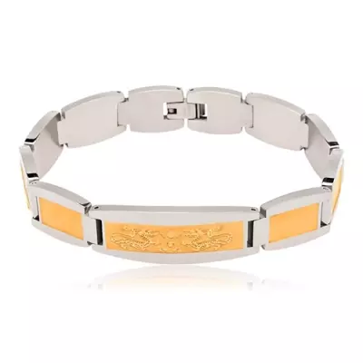 316L acél karkötő, tábla kínai sárkány motívummal, kétszínű szemek