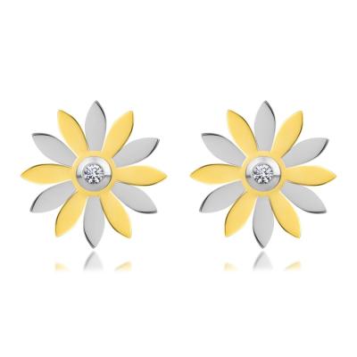 Acél fülbevaló - virág arany és ezüst szirmokkal, cirkónia