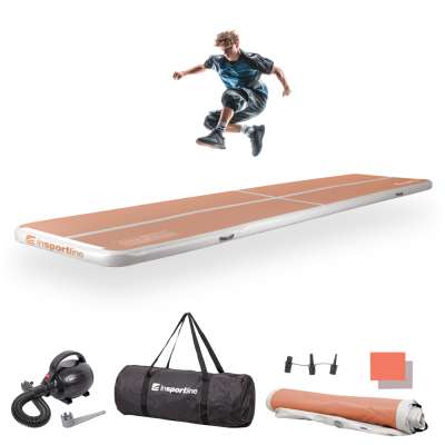 Airtrack tornaszőnyeg inSPORTline Airstunt 500x100x10 cm mocha mousse elektromos pumpával, erős és rugalmas anyag, megerősített varratokkal