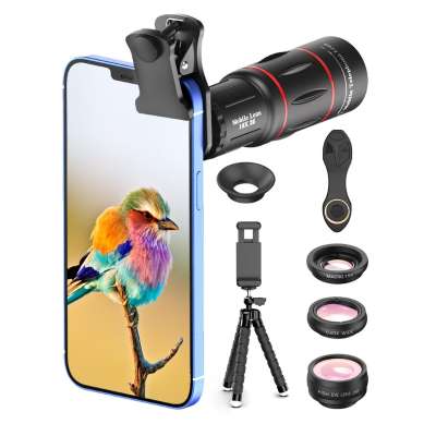 6 az 1-ben készlet Apexel - 18x teleobjektívek állvánnyal és Bluetooth-os kioldóval, univerzális csiptető, 4 objektív egy készletben