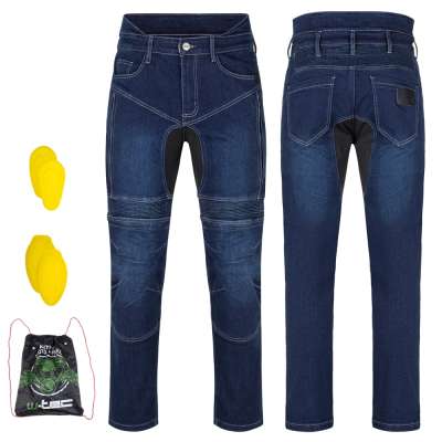 Férfi motoros farmer W-TEC Biterillo Evo, sztreccs panelek, rugalmas anyag, hálós bélés, aramidszál erősítés kék 