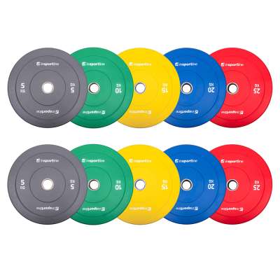 2x5 darabos gumis súlytárcsa szett inSPORTline Bumper Plate Go 2x 5-25 kg 50 mm, otthoni és edzőtermi használatra, kiváló kivitelezés, kopásálló kiala