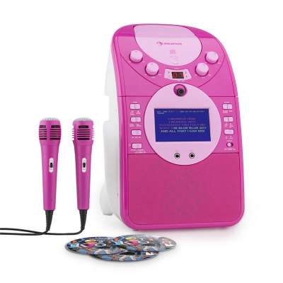 Auna ScreenStar karaoke rendszer, kamera, CD, USB, SD, MP3, 2 x mikrofon, 3 x CD+G, rózsaszín