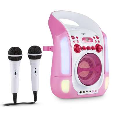 Auna Kara Illumina karaoke rendszer, CD, USB, MP3, LED fény show, 2 x mikrofon, hordozható, rózsaszín