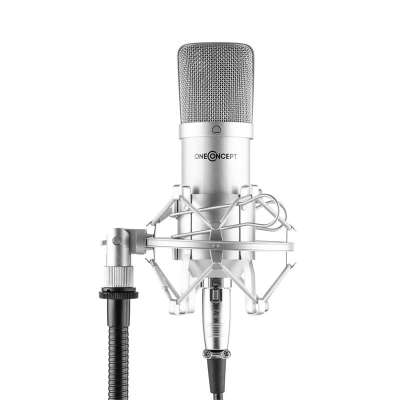 OneConcept Mic-700, stúdió mikrofon, Ø 34 mm, kardioid, pók, szél elleni védelem, XLR, ezüst