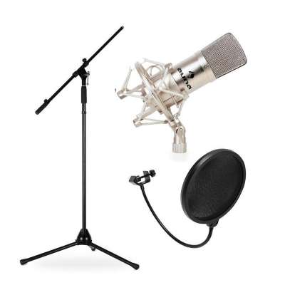 Auna CM001S, stúdió/színpadi mikrofon készlet, kondenzátoros mikrofon, állvány és szélvédő
