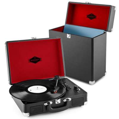 Auna Peggy Sue Record Collector szett, fekete | retró lemezjátszó |lemeztartó bőrönd