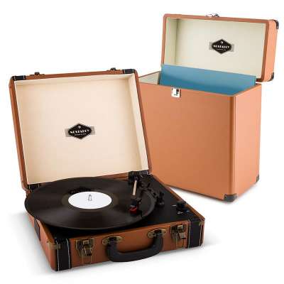 Auna Jerry Lee Record Collector szett, barna | retró lemezjátszó |lemeztartó bőrönd