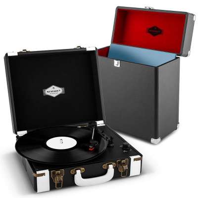 Auna Jerry Lee Record Collector szett, fekete | retró lemezjátszó |lemeztartó bőrönd
