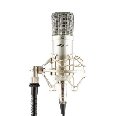OneConcept Mic-700 stúdió mikrofon, Ø 34 mm, univerzális, pók, szél elleni védelem, XLR, ezüst