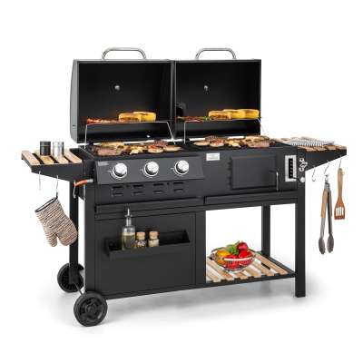Klarstein Aberdeen Combi Grill Gáz szén füstölő Hőmérő 2 oldalsó asztal Mobil