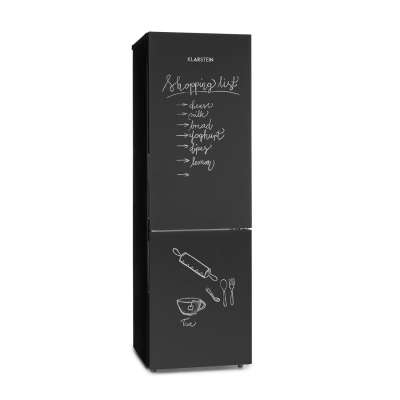 Klarstein Miro XL, kombinált hűtőszekrény, 180/69 liter, F energiahatékonysági osztály, tábla elülső rész, fekete