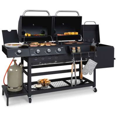 Klarstein Kingsville Smoker, kombinált grill, gáz, szén, szénfüstölő, 13,5 kW, 3+1 égő, fekete