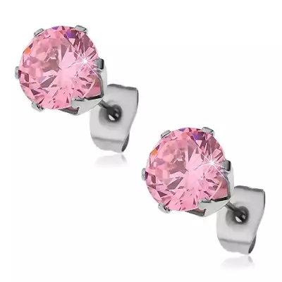 Fülbevaló sebészeti acélból rózsaszín cirkóniával, 6 mm