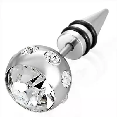 Hamis piercing ezüst színben - nagy golyó cirkóniával, egy csúcs két fekete gumigyűrűvel