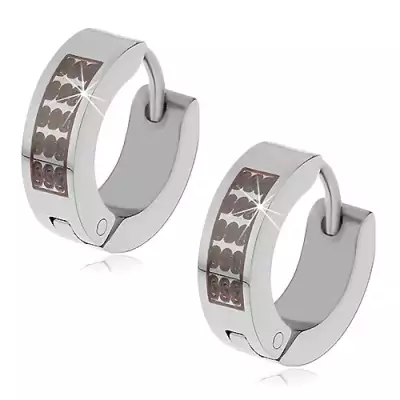 316L acél fülbevaló - karikák ezüst színben fekete S alakú mintával