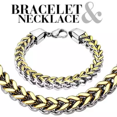 Készlet - kétszínű acél karkötő és nyaklánc, kétsoros láncszemek