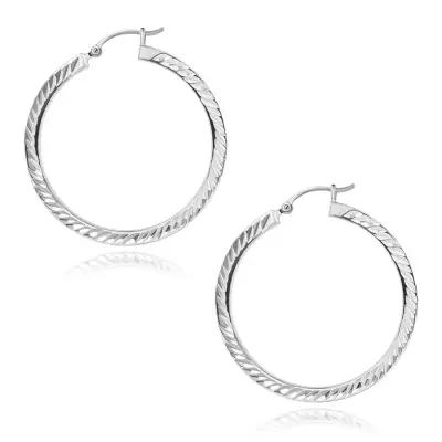 Karika fülbevaló ezüstből - gravírozott kettős levelek, 40 mm