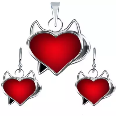 Fülbevaló és medál készlet 925 ezüstből - piros ördög szív