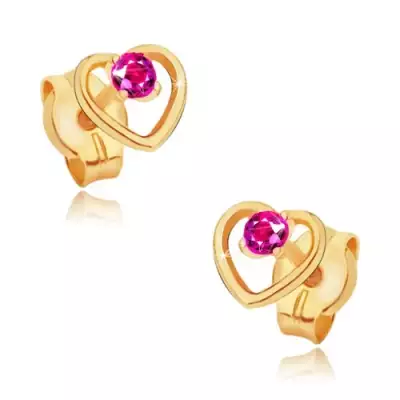 585 arany fülbevaló - szabályos szívkörvonal, kerek rózsaszín rubin