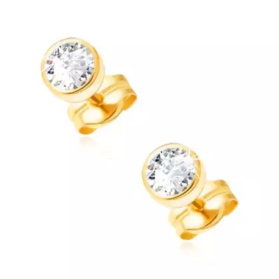 14K arany fülbevaló kerek átlátszó cirkóniával, sima foglalatban