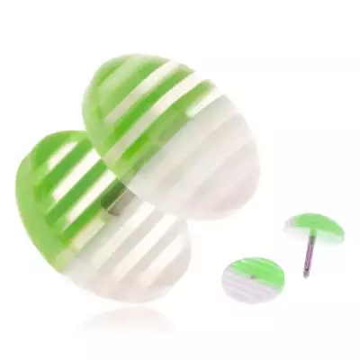 Fake plug akrylból, átlátszó kerekek, fehér és zöld sávokkal