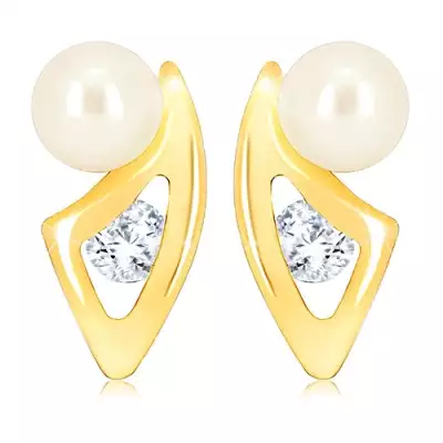 9K arany fülbevaló ívelt háromszög cirkóniával és fehér gyöngyökkel