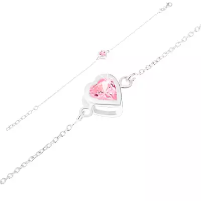 Állítható 925 ezüst karkötő, csiszolt rózsaszín cirkónia - szív, ezüst szegély
