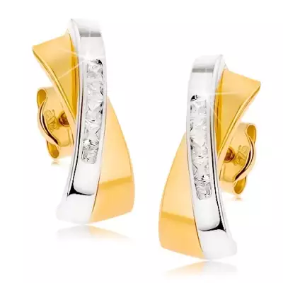 9K arany fülbevaló kombinált arannyal, áthúzott vonalakkal cirkóniákkal