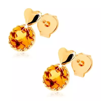 9K arany fülbevaló szívvel és természetes citrinnel, kerek beállításban