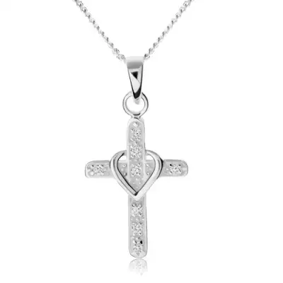 Nyakék 925 ezüstből, kereszt cirkóniákkal díszítve, szív körvonal