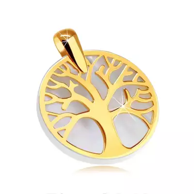 Medál 9K sárga aranyból - életfa kör kontúrban, gyöngyházfényű alap