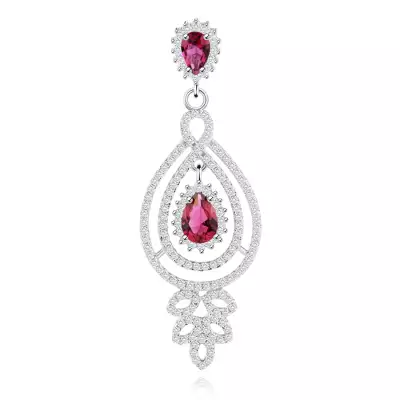 925 ezüst medál, könnycsepp kontúr, átlátszó és piros cirkóniák, levelek