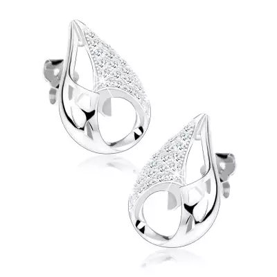 925 ezüst fülbevaló, könnycsepp körvonal, háromszögek, kivágások, átlátszó cirkóniák