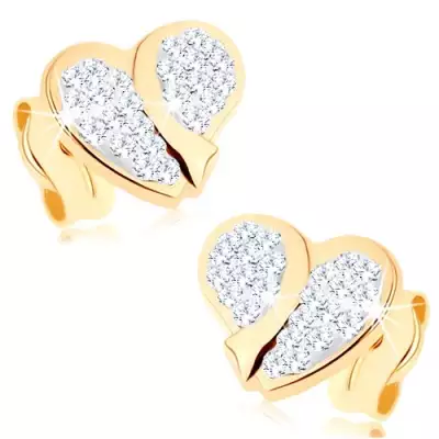 Fülbevaló 9k sárga aranyból - egyenetlen szívecske Swarovski kristályokkal kirakva
