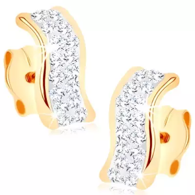 Fülbevaló 9K sárga aranyból - hullámos sáv Swarovski kristályokkal díszítve