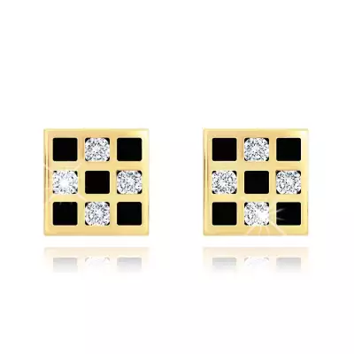 9K arany fülbevaló sakktábla mintával, cirkóniákkal és fekete mázzal