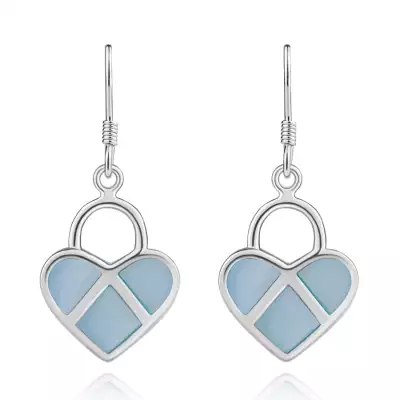 925 ezüst fülbevaló, szimmetrikus szívek, kék gyöngyházfény, ezüst vonalak