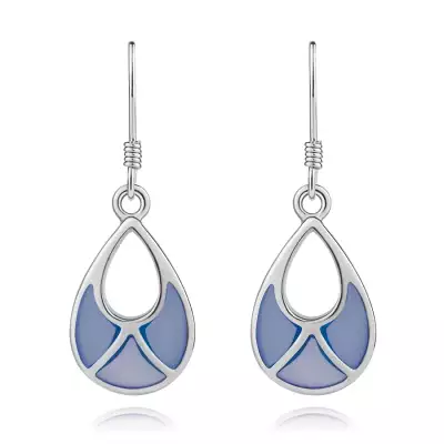 Fülbevaló, 925 ezüst, könnycsepp kivágással, kék gyöngyházfény, afrikai horog