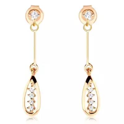14 karátos arany fülbevaló cirkóniákkal és nyitott könnycseppel, vékony pálcán
