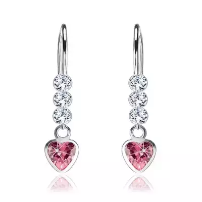 925 ezüst fülbevaló, rózsaszín cirkóniás szív, kerek átlátszó Swarovski kristály
