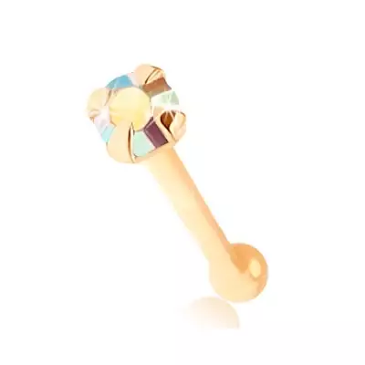 9K sárga arany, egyenes szárú piercing - szivárvány cirkóniával
