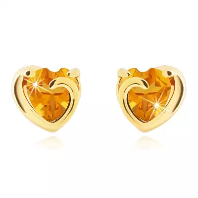 14 karátos arany fülbevaló citrin szívvel és sima szegéllyel