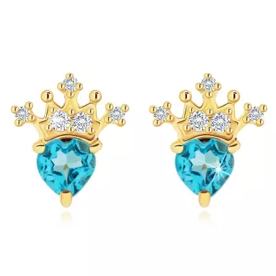 14 karátos sárgaarany fülbevaló szív alakú topázzal és koronával