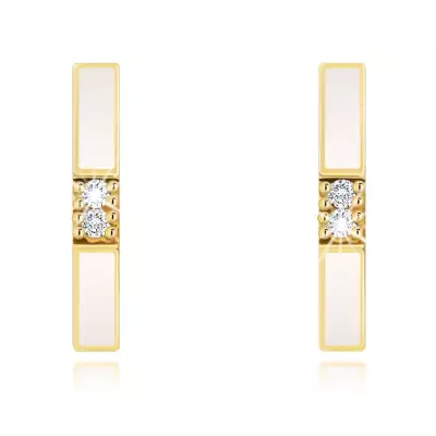9 karátos arany fülbevaló íves formájú, fehér mázzal és átlátszó cirkóniákkal