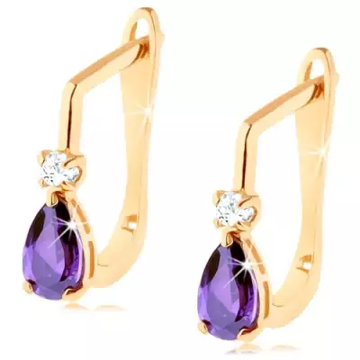 Fülbevaló 14K sárga aranyból - átlátszó cirkóniák és lila cirkóniás csepp