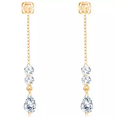 14 karátos arany fülbevaló lánccal és kerek, valamint könnycsepp alakú cirkóniával